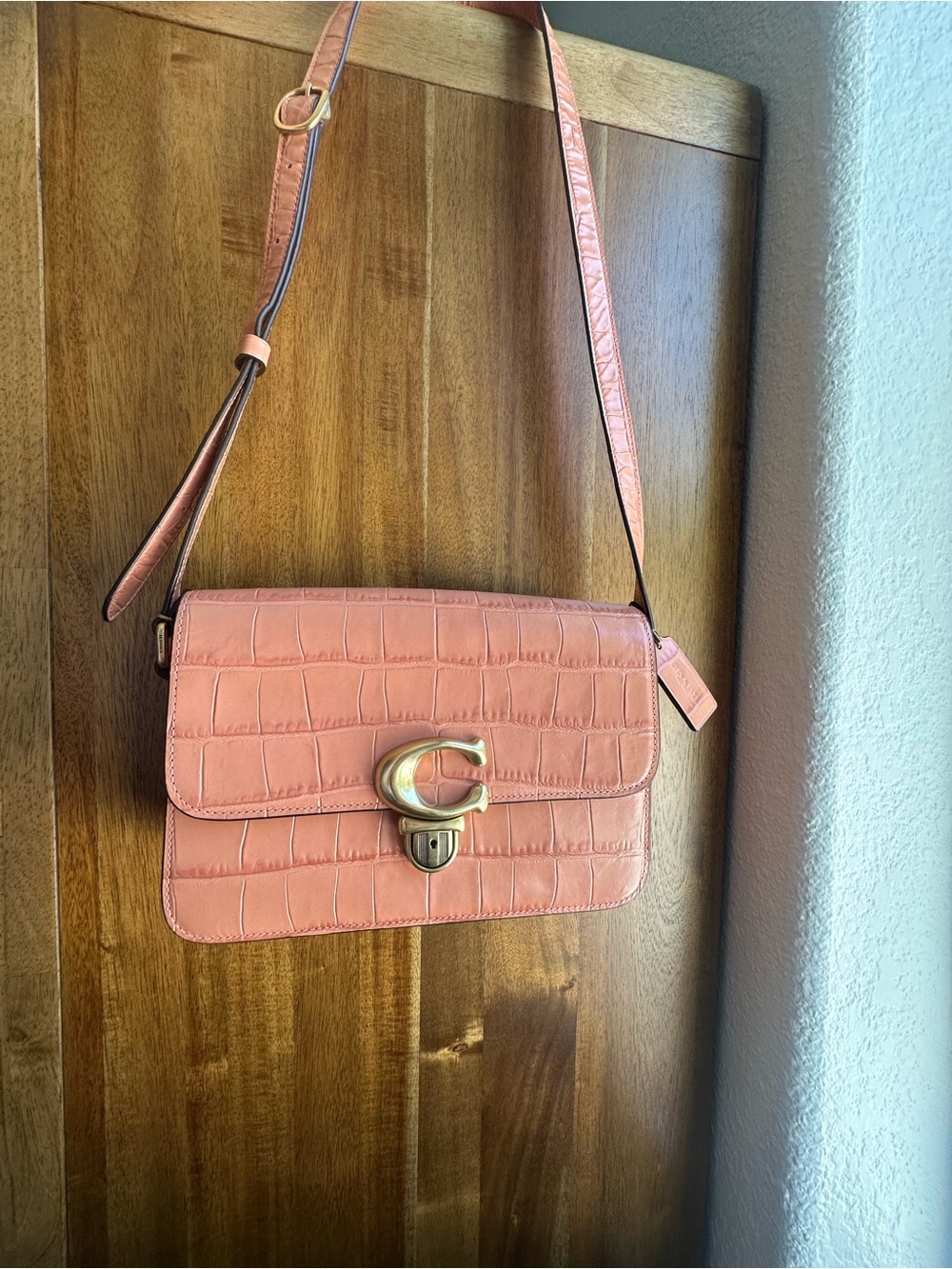 Coach Pink Croc-Embossed Crossbody Bag with Gold Hardware